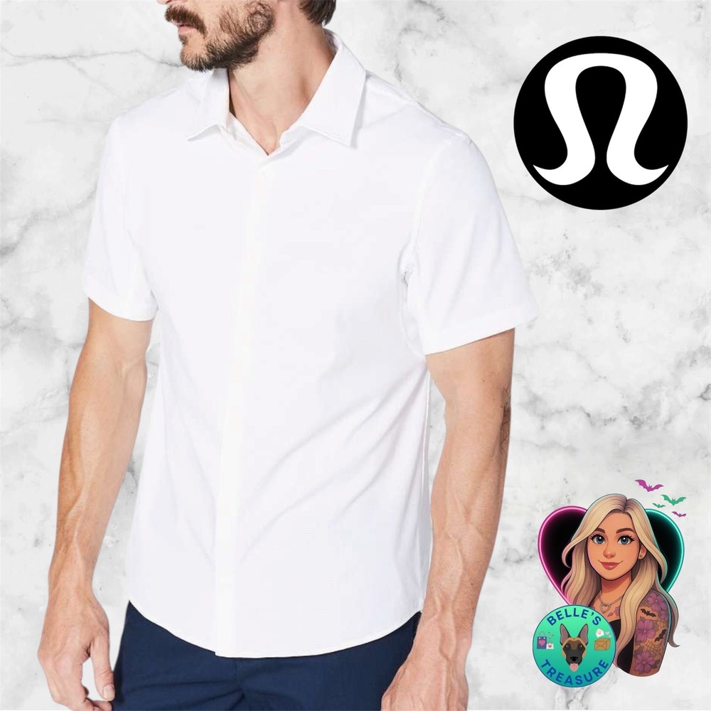 Lululemon Mens Medium Airing Easy Short Sleeve Button Down Shirt White Stretch